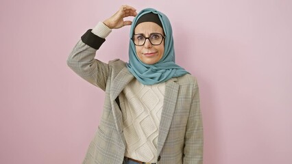 Poster - Pensive middle-aged hispanic woman in hijab, consumed by doubtful thoughts, brooding over an uncertain question on an isolated pink background - a fascinating display of human confusion.