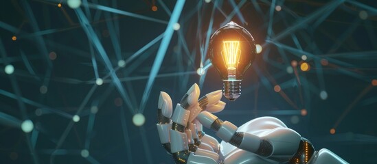 Wall Mural - Artificial intelligence robot hand holding a glowing light bulb with a digital technology background for a futuristic and artificial intelligent concept
