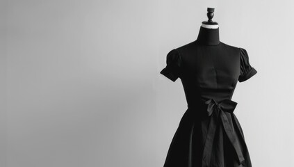 Black dress with a high neck and short sleeves on a mannequin against a white background