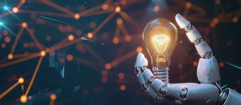 Artificial intelligence robot hand holding a glowing light bulb with a digital technology background for a futuristic and artificial intelligent concept