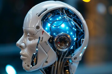 Sticker - humanoid robot head with glowing blue circuit brain artificial intelligence concept