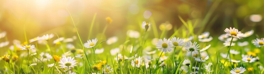 Summer floral nature background panorama with blooming yellow and white miarguerites in the grass on a bright sunny day