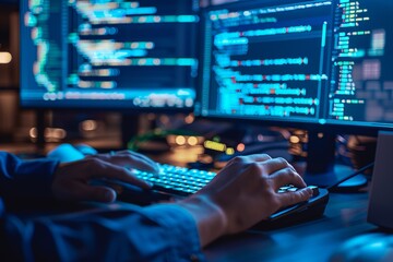 Wall Mural - Close-up of hands typing on a computer keyboard with code visible on multiple monitors, showcasing programming and technology.