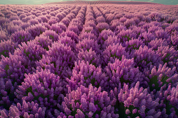 Canvas Print - Overhead perspective of a blooming lavender field. Concept of agriculture and vibrant colors. Generative Ai.