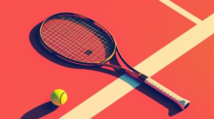 Wall Mural - It looks like a clean illustration of a tennis ball and tennis racket on a red tennis court, with the ball and racket on the left and the rest of the colors representing the tennis court. 