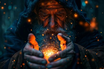 An old wizard with a hood holding a radiant magical orb in a dark environment