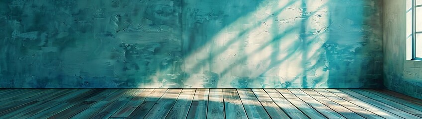 blue turquoise empty wall and wooden floor with interesting with glare from the window interior back
