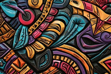 Poster - Vibrant Tribal Colorful Woodcarving Style on Black Background