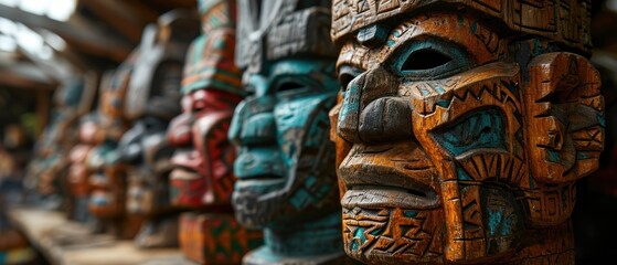 Hawaiian Colorful Wooden Masks. Hawaiian Mask. Hawaiian wooden handcrafted masks in a traditional Hawaiian market. Hawaiian culture Wooden Hawaiian masks.