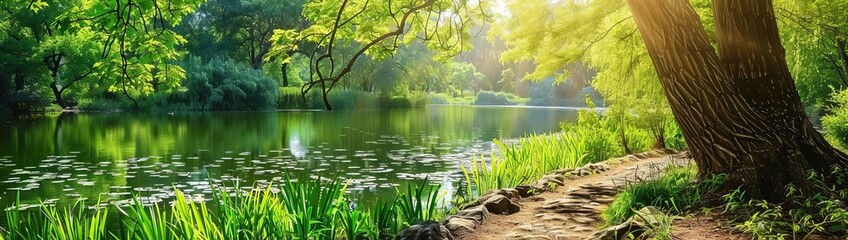 Beautiful colorful summer spring natural landscape with a lake in Park surrounded by green foliage of trees in sunlight and stone path in foreground