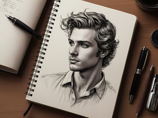 Canvas Print - black-and-white pen and ink sketch of a captivating young man graces the pages of a worn, vintage notebook.