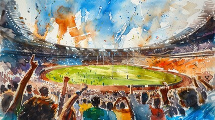 A watercolor masterpiece portrays the grandeur of an Olympic stadium overflowing with spectators. The artist's brushstrokes dance across the canvas