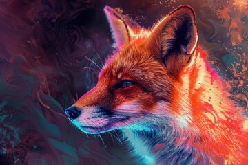 Wall Mural - majestic red fox portrait with vibrant neon glow effect digital art