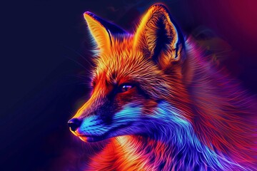 Wall Mural - majestic red fox portrait with vibrant neon glow effect digital art