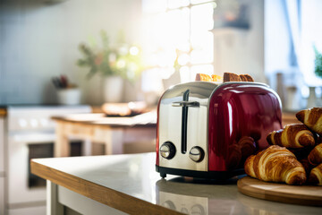 Sticker - A toaster and croissants on a counter in the kitchen, AI