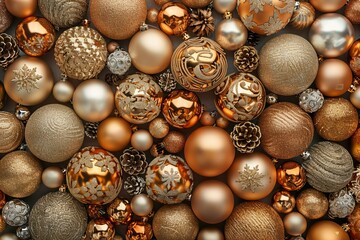 Wall Mural - A close up of a pile of christmas ornaments with gold and silver