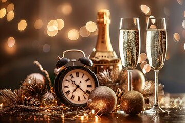 Clock and champagne glasses on table