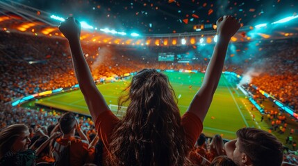woman at a football match cheering for her favourite team raises her arms and winds up in a stadium full of people. Generative ai