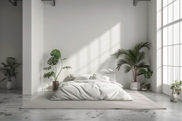 Wall Mural - minimalist bedroom interior with white walls concrete floor cozy bed and potted plants scandinavian design concept