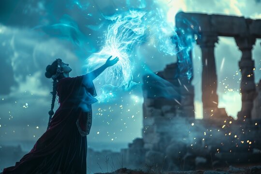 A figure in a flowing gown uses mystical powers to cast a spell among ancient ruins under a dramatic sky