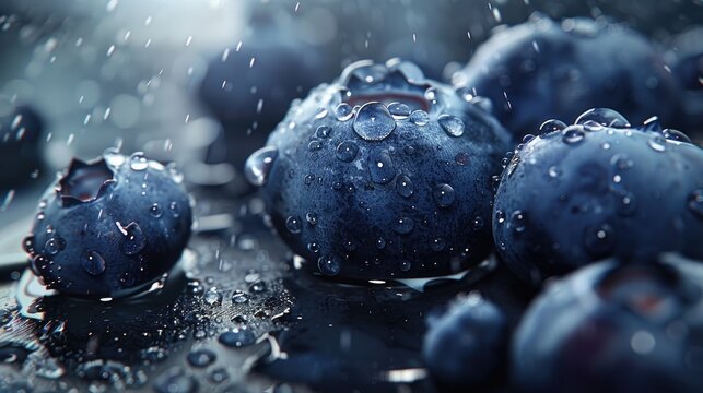 Fresh blueberries with water droplets in a close up view