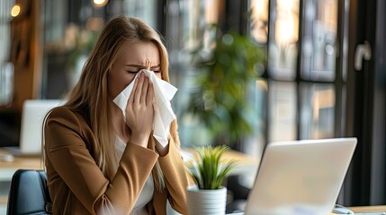 A woman is sitting at a table with a laptop and a tissue box. She is wiping her nose with a tissue