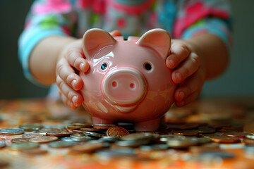 Poster - A piggy bank being filled with coins by a child. Concept of savings and financial literacy. Generative Ai.