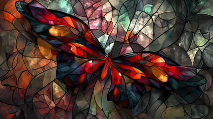 Wall Mural - Digital fractal art design of a flower or butterfly in stained glass 