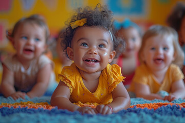 Wall Mural - A group of toddlers laughing and playing together in a daycare center. Concept of social interaction and early friendships. Generative Ai.