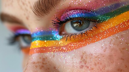 Close-up of a woman's eye with rainbow glitter makeup