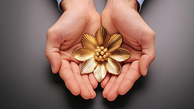 Hands Holding Golden Flower Against Black Background Represents Elegance and Value