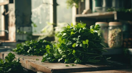Wall Mural - Fresh cilantro stack on the kitchen table fragrant herbs ready for cooking