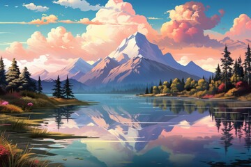 Wall Mural - Lakeside reflections - Generative AI