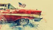 © Supranee - Vintage red American car illustration with USA flag, evoking nostalgia and patriotic vibes in a timeless artistic style.