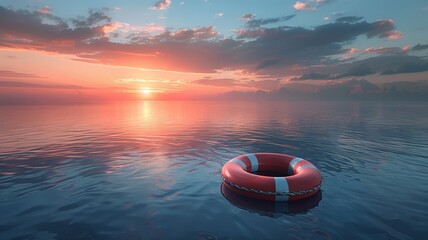 Wall Mural - Serene sunset with floating red lifebuoy on calm lake