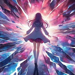 Wall Mural - A young woman standing in the middle of a crack in a galaxy, surrounded by colorful cosmic elements and stars