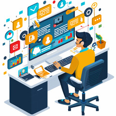 A man is sitting at a desk with a computer monitor and keyboard in front of him. The monitor is filled with various icons and messages, indicating that he is working on a project or task
