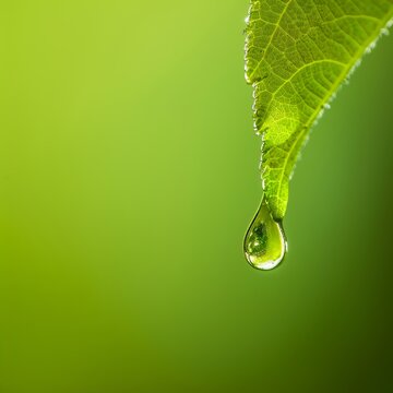 A closeup water droplet hanging on the edge of a green leaf on green background. Drop on leaves. High resolution photography.