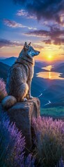 Wall Mural - a large gray dog on a rock overlooking purple flowers and the water