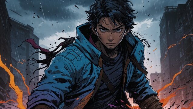 a comics character in the rain with a sword and fire