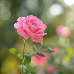 Canvas Print - AI-generated illustration of A pink rose bloom in a garden among other plants