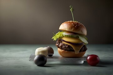 Wall Mural - a hamburger and grapes sitting on a table next to the food