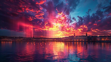 Wall Mural - Vibrant sunset cloud unleashes streams of light over cityscape