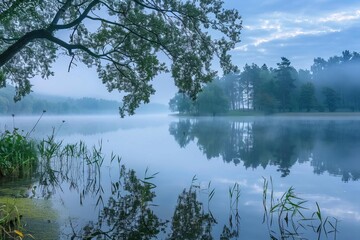 Canvas Print - serene misty morning landscape with calm lake and trees nature background