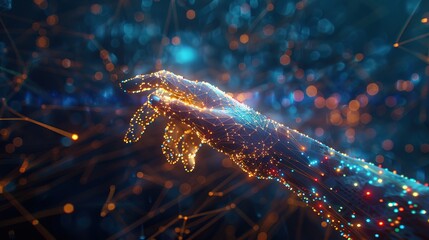 Big Data Concept with Digital Neural Network. Introduction of Woman's Hand Touching Artificial Intelligence in Enterprises. The Cyberspace of the Future Showcasing Science and Innovation in Technology