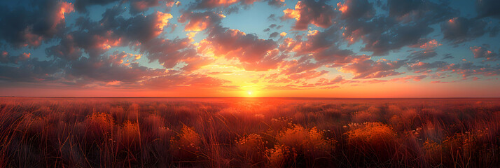 Wall Mural - A nature plain during sunset, the sky ablaze with colors, and the grass casting long shadows