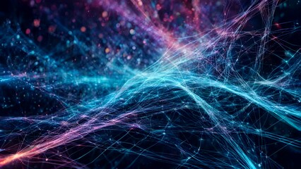 A colorful, abstract image of a web of lines and dots. The image is full of energy and movement, with the lines and dots appearing to be in constant motion. The colors are bright and vibrant