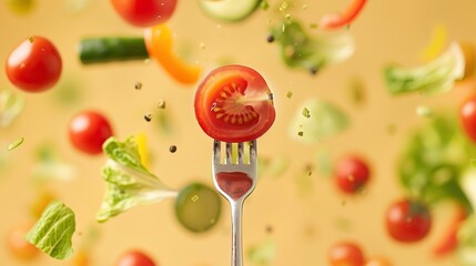 Cherry tomato on a fork in the center of the frame, in the middle of flying salad vegetables