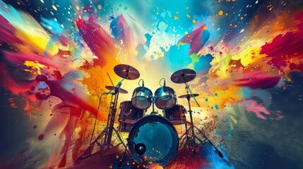 Wall Mural - A colorful explosion of paint splatters with a drum set in the middle