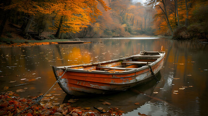 Wall Mural - A nature river scene with a small boat gently floating on the water, surrounded by vibrant fall colors